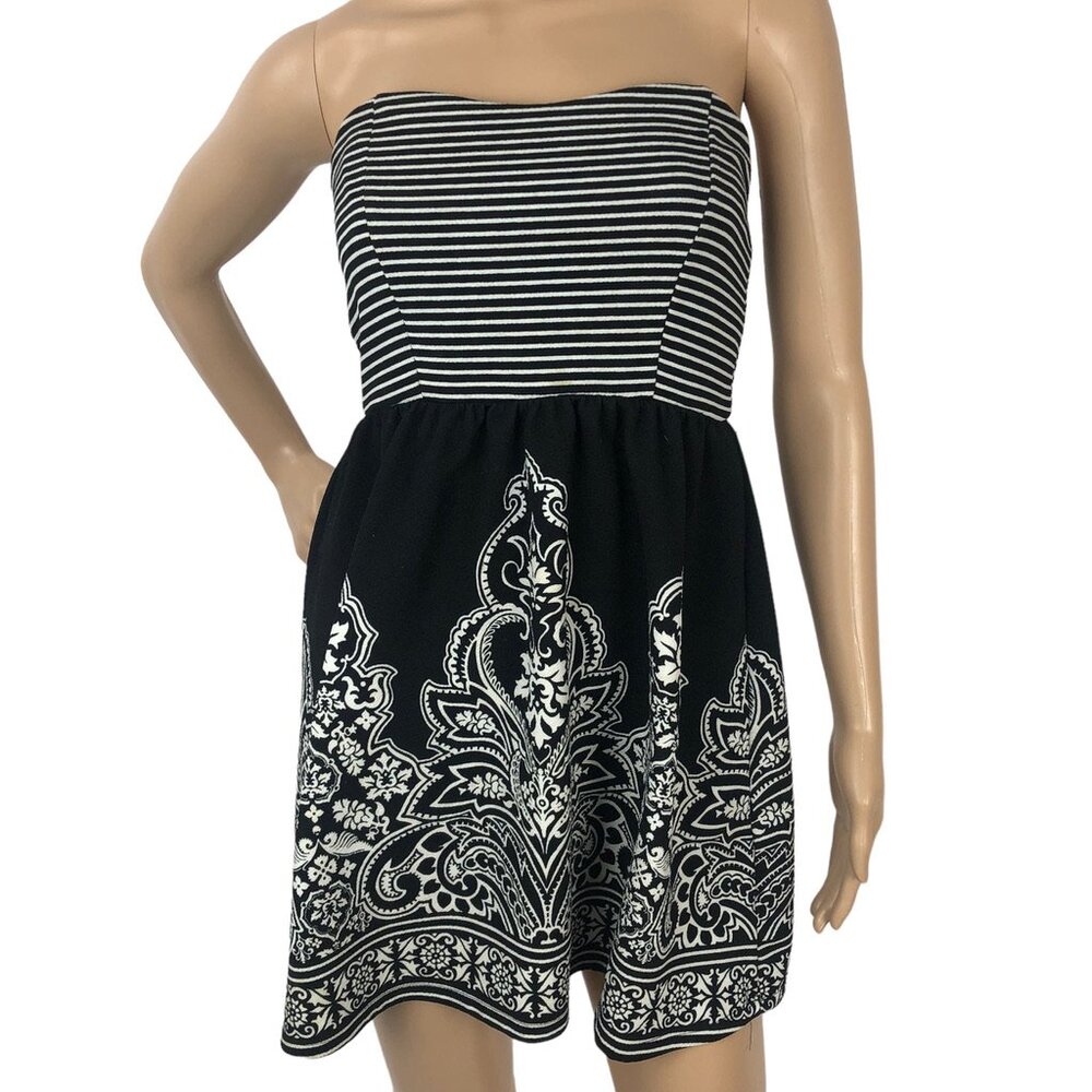 Floral Stripe Print Strapless Knit Peplum Tube‎ Top Mini A-Line Dress Size M